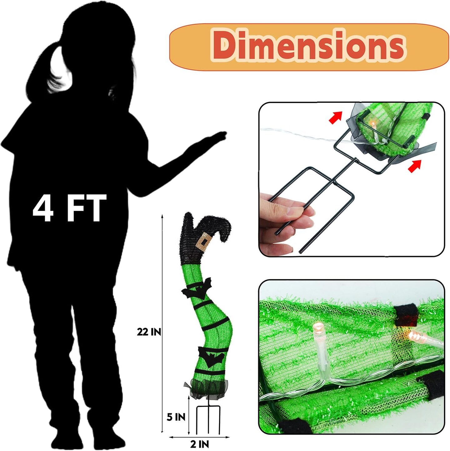 Set of 2 Halloween Lighted Wicked Green Witch Legs Stake with Bats