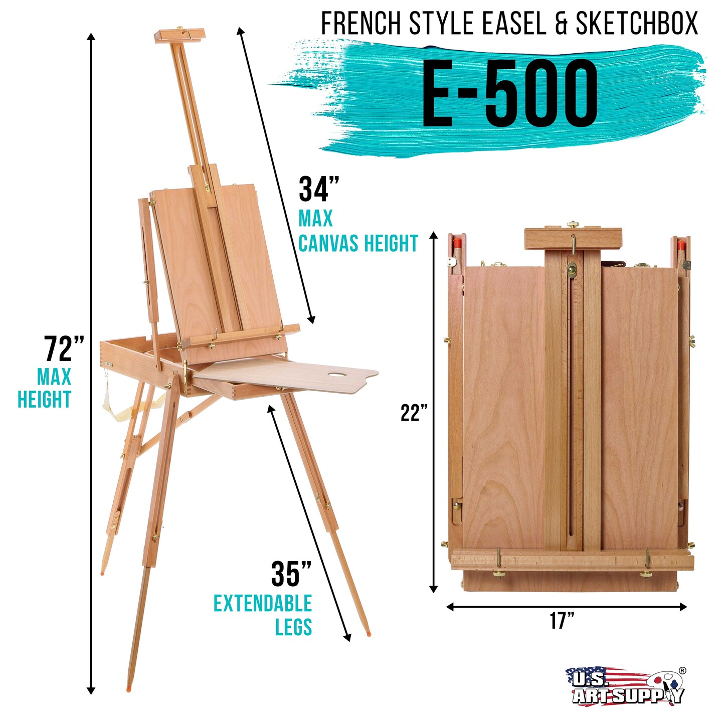 Coronado Large Wooden French Style Field &#x26; Studio Sketchbox Easel with Artist Drawer, Palette, Premium Beechwood - Adjustable Wood Tripod Easel Stand