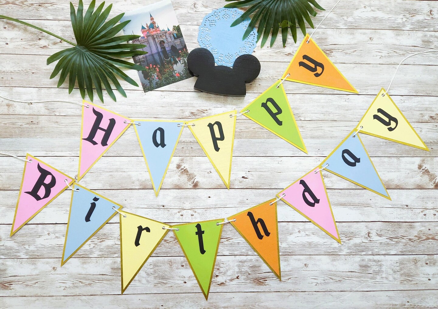 Vintage Style Disney Happy Birthday Banner - Party Supplies Birthday Decoration Backdrop Pastel Retro Pennant Flag Main Street Magic Kingdom | MakerPlace by Michaels for Free Printable Mickey Mouse Happy Birthday Banner Printable