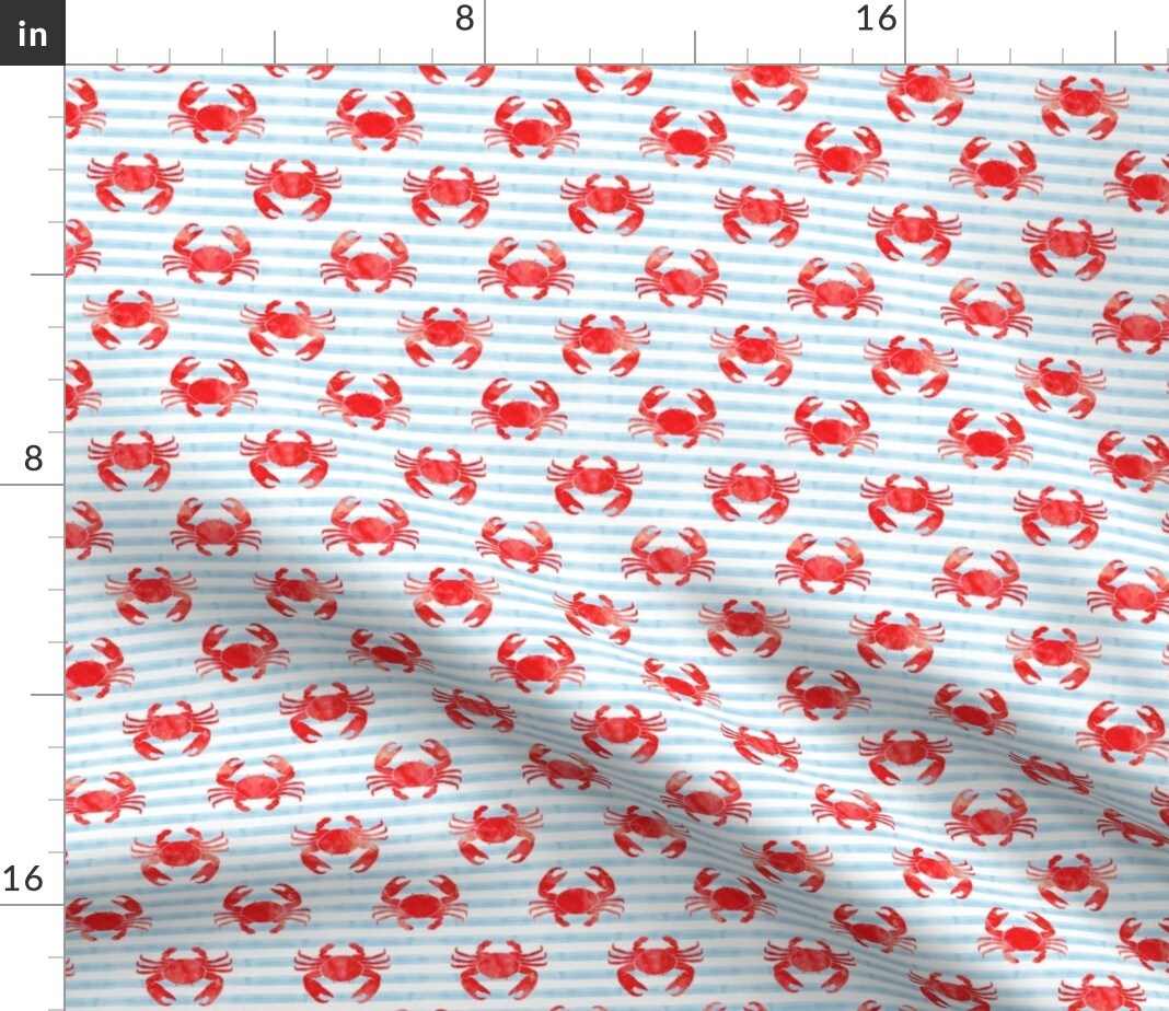 Crabs Red Blue Stripes Nautical Summer Watercolor Crab Custom Printed Fabric by Spoonflower Various Fabrics by the Yard or Fat Quarter