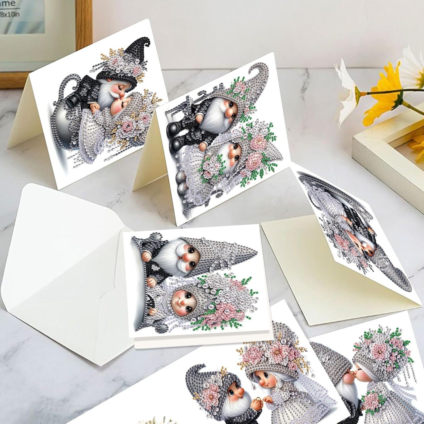 6-Pack Gnome Diamond Painting Greeting Cards – 5D DIY Craft Kit for Handmade Wedding, Anniversary, & Special Occasion Cards with Envelopes