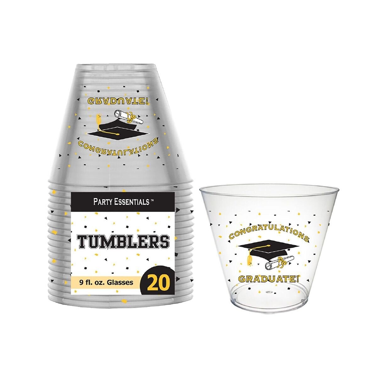 Party Essentials Plastic Printed Party Cups/Tumblers, Graduation, 20-Count,(Pack of 1)