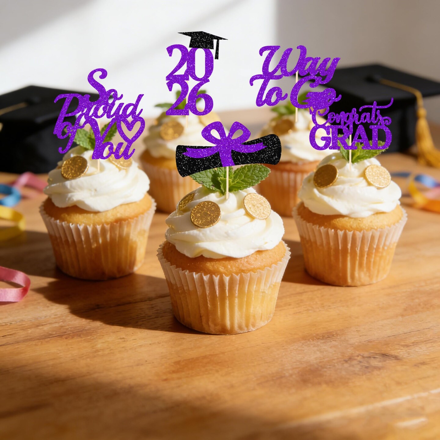 Graduation Decorations 2026 Purple, Graduation Cupcake Toppers 2026 Purple Black, Glitter Class of 2026 Cupcake Toppers Supplies, Class of 2026 Congrats Grad Cap Diploma Cupcake Picks - 40Pcs