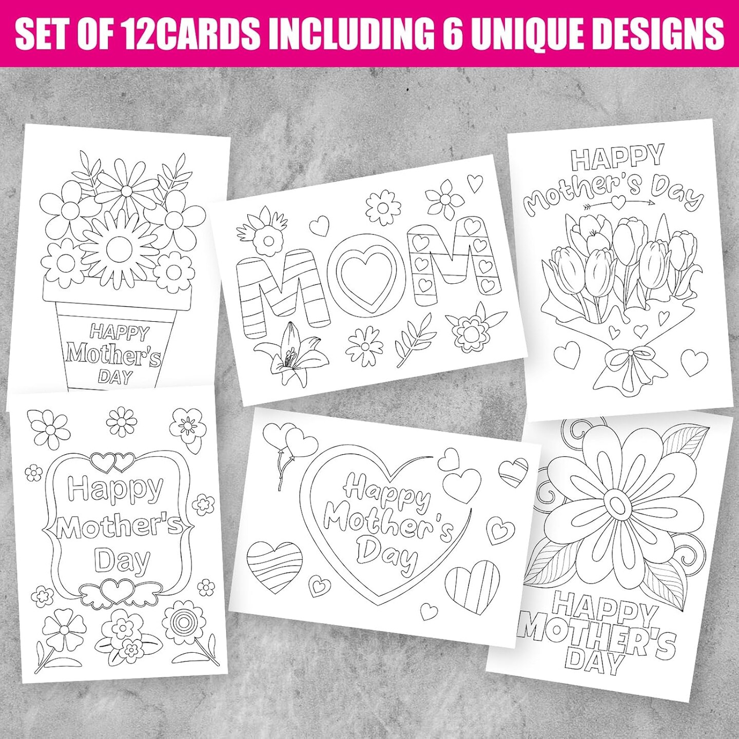 Mother’s Day Card Making Coloring Kit for Kids – 12 Pack DIY Color Your Own Flower Greeting Cards with Envelopes & Stickers, 5 x 7 Classroom Craft Activity Gifts for Mom