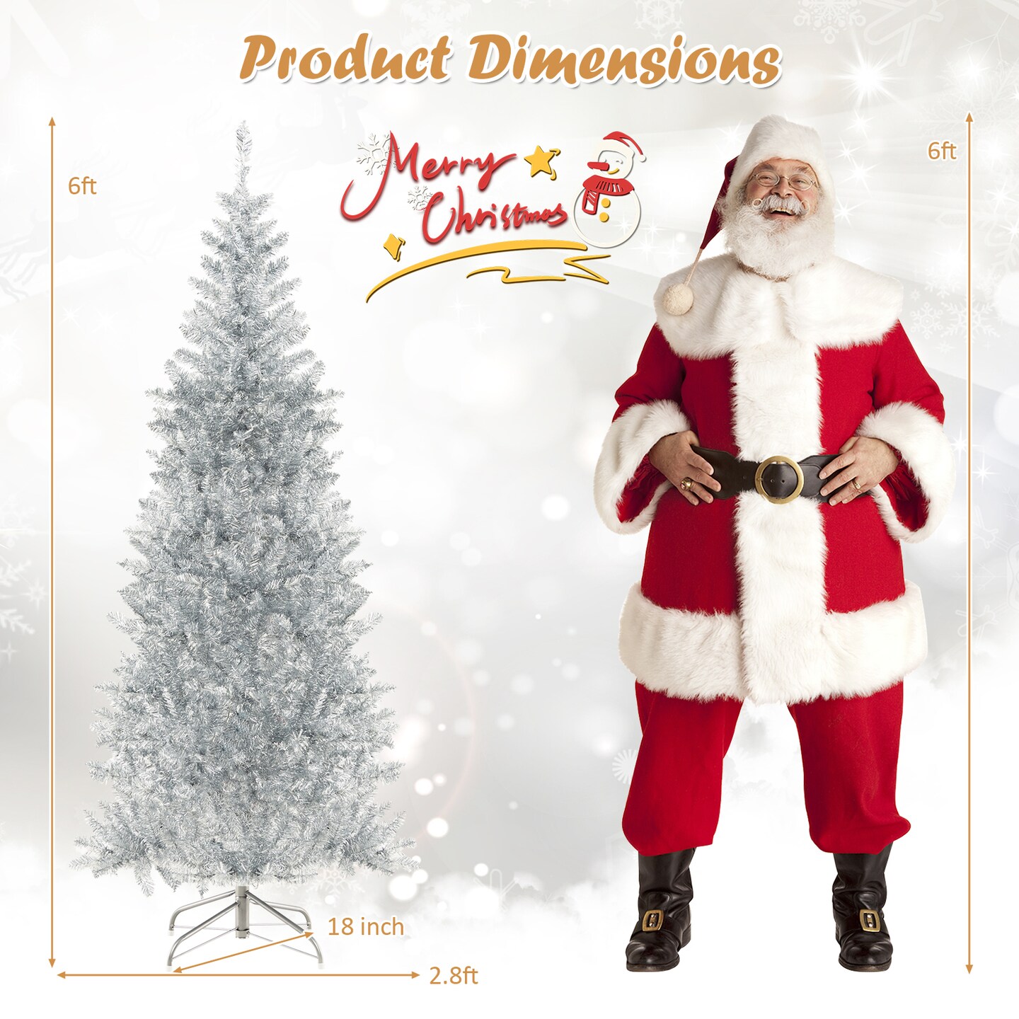 Pre-Lit Artificial Silver Tinsel Xmas Tree with 790 Branch Tips and 300 LED Lights
