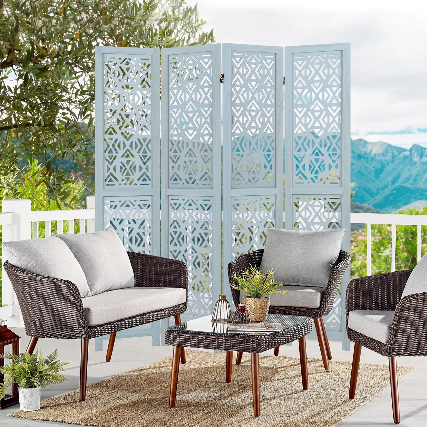 Blue Wooden Room Divider with Carved Cutout Pattern and Solid Wood Frame