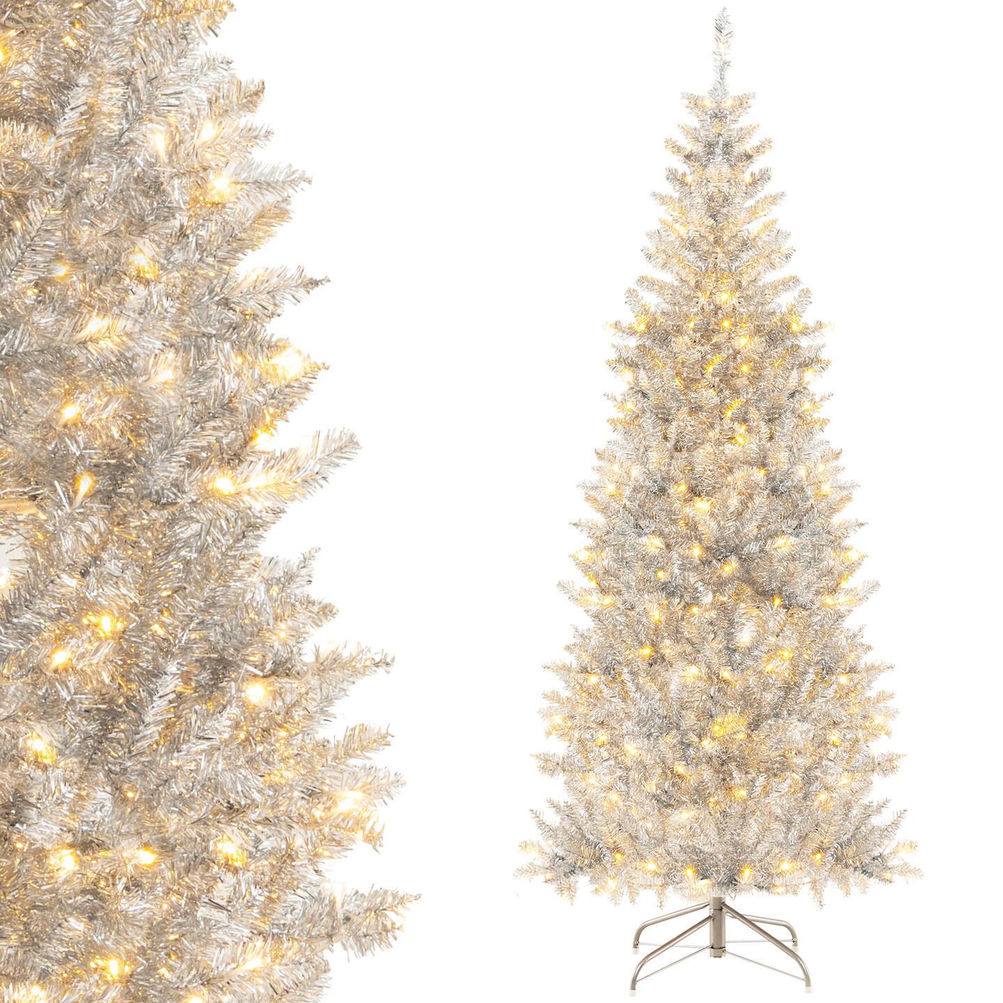 Pre-Lit Artificial Silver Tinsel Xmas Tree with 790 Branch Tips and 300 LED Lights