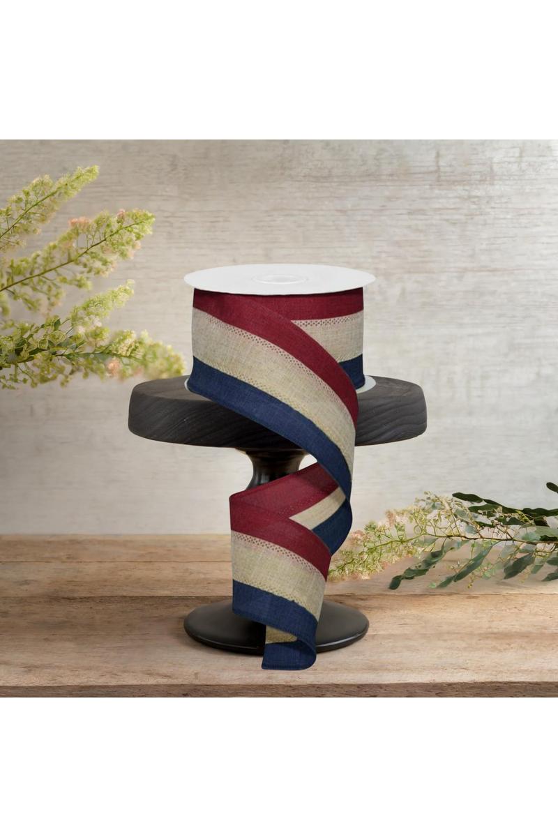 2.5&#x22; Faux Burlap Striped Ribbon: Burgundy, Beige, Navy (10 Yards)
