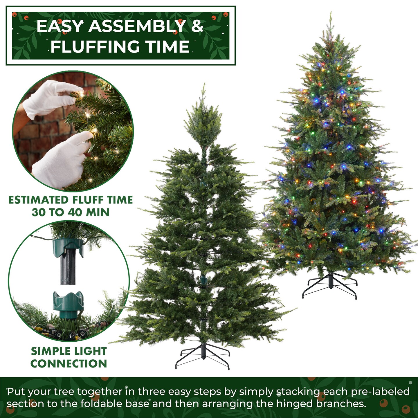Casafield Pre-Lit Aspen Fir Christmas Tree with White & Multicolored LED Lights, Realistic Artificial Noble Fir with Sturdy Stand
