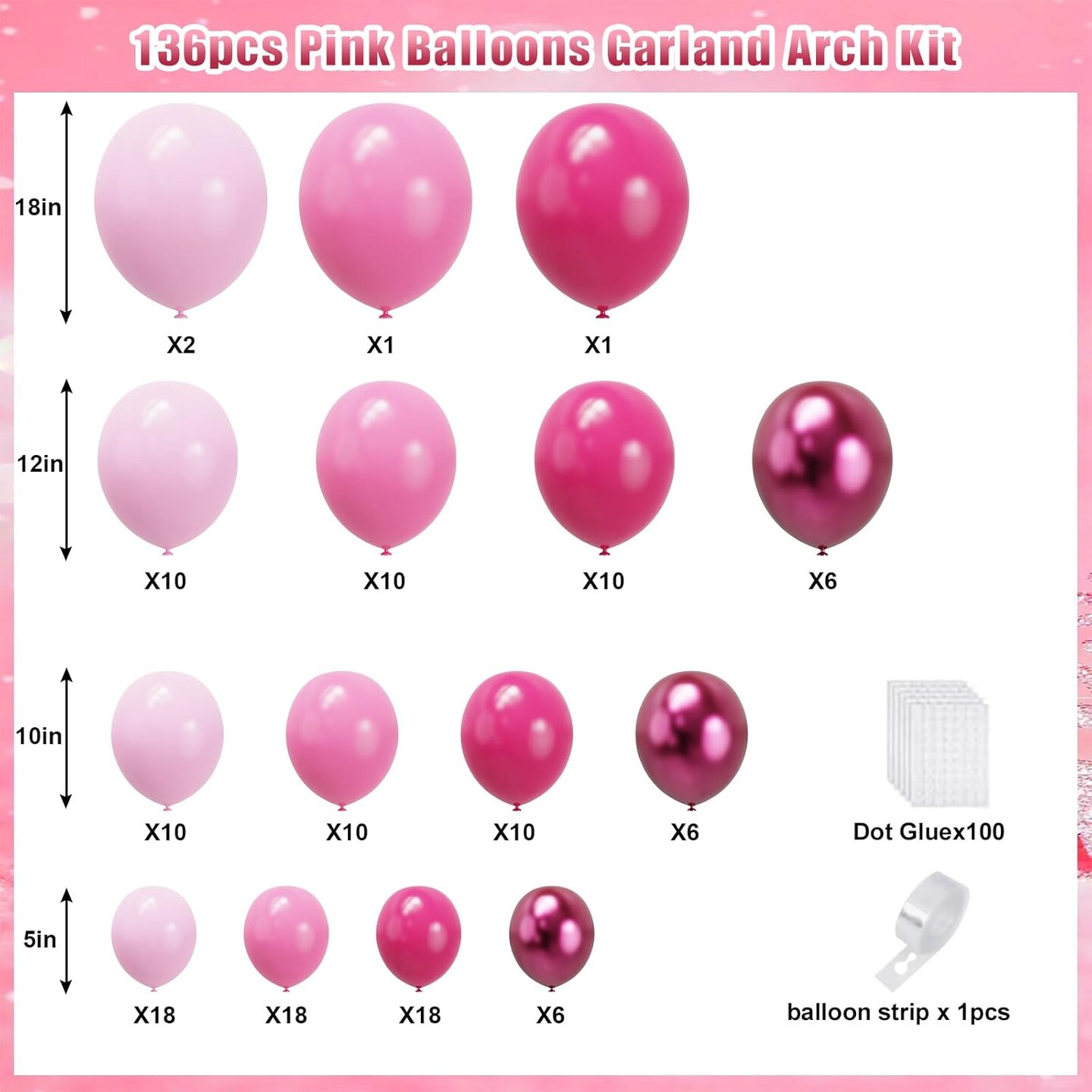 Pink Balloon Garland Arch Kit, Hot Pink Balloons Metallic Pink Balloon for Birthday,Princess, Wedding, Baby Shower, Valentine&#x27;s Day Party Decorations
