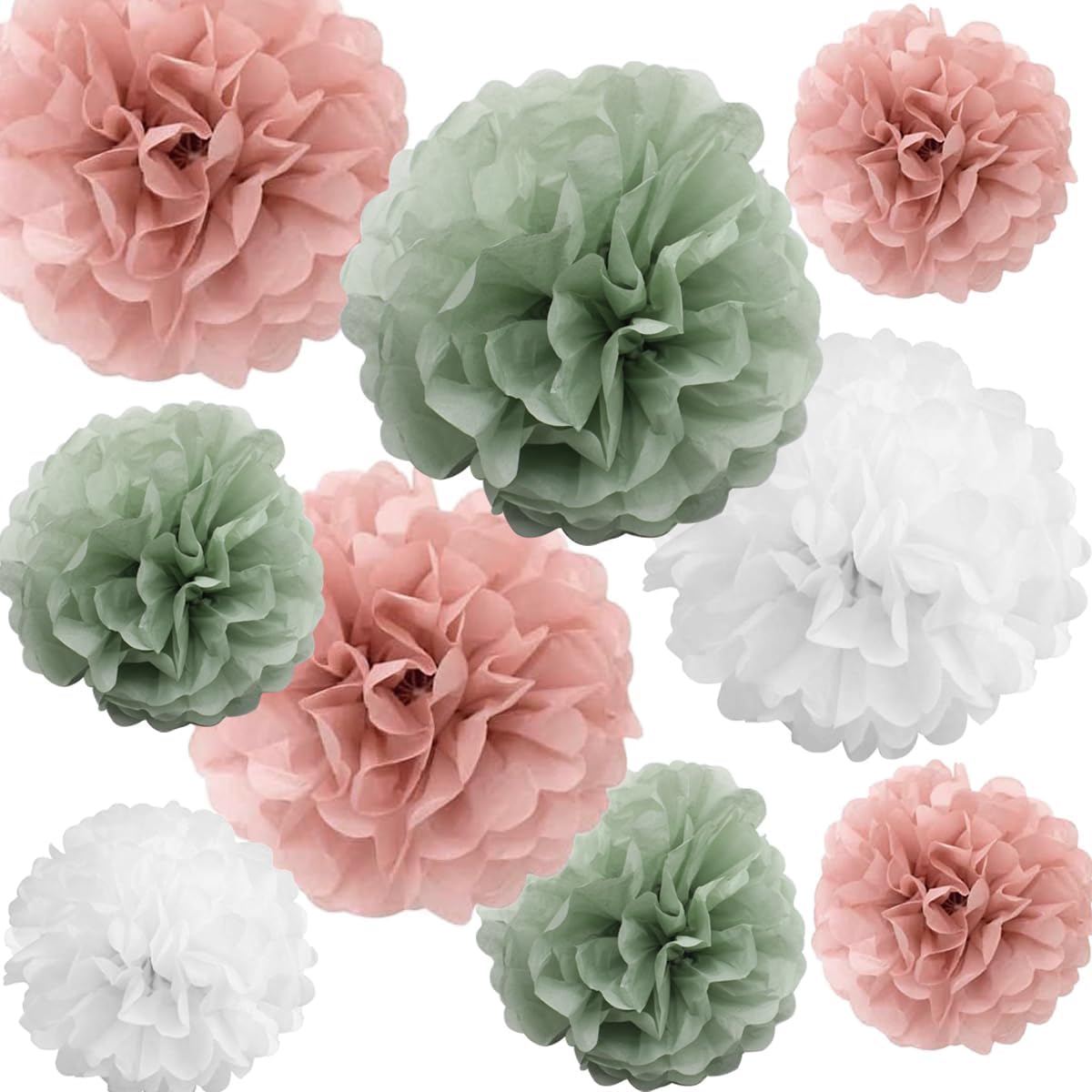 Sage Green Dusty Pink Boho Tissue Pom Poms Pastel Paper Flowers Backdrop for Baby Shower Wedding Bridal Shower Birthday Nursery Wall Hanging D&#xE9;cor, Large 12&#x22; &#x26;10&#x22; Pom Pom Decorations
