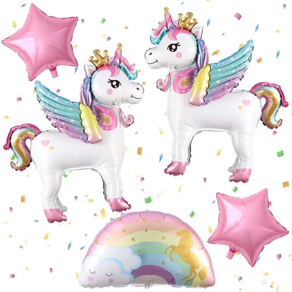 5Pcs Self Standing Unicorn with Crown Balloons 3D Rainbow Balloon Pink Star Foil Balloons for Unicorn Party Girls Birthday Party Baby Shower Decorations (crown)