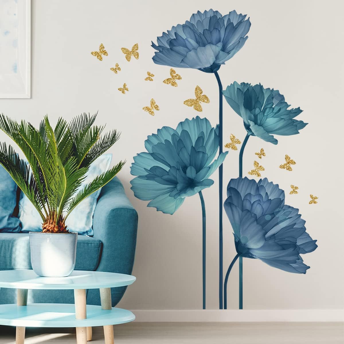 Large Blue Flower & Butterfly Wall Decals – Floral Stickers for Living Room, Bedroom & Bathroom