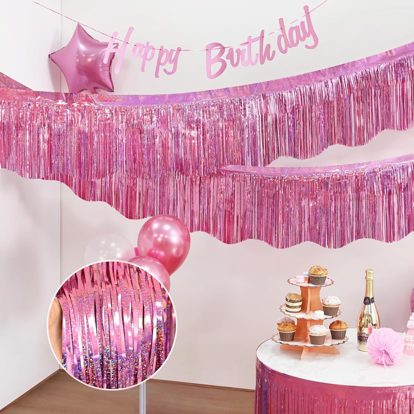 6 Pack Pink Foil Fringe Garland Birthday Party Decorations, 59Ft Metallic Tinsel Streamers Banner, Glitter Photo Booth Prop Table Skirt for Wedding Parade Float Gender Reveal Party Decor