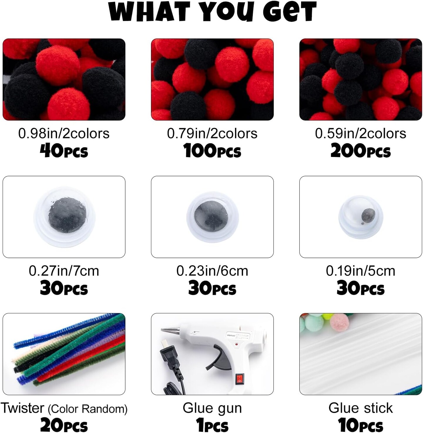 Pom Poms Set 460 PCS Red Crafts Fuzzy Balls with Glue Gun for Autumn Thanksgiving Christmas DIY Arts and Craft Making Decorations