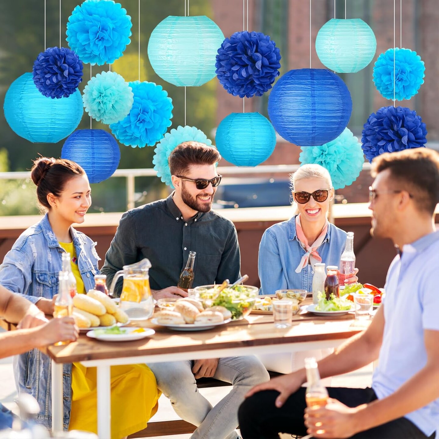 Blue Hanging Party pom pom Set, Paper Flowers Pom Poms Balls and Paper Lanterns for Under The Sea Party Decorations Wedding Birthday Bridal Baby Shower Graduation, 15pcs
