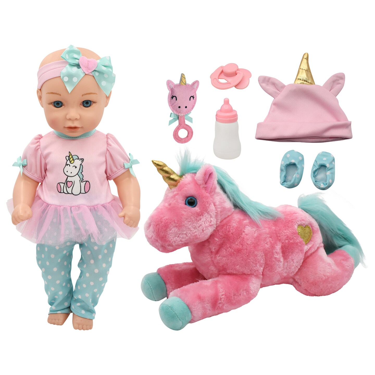 Little Darlings: 15&#x22; Hop On Baby Set - Unicorn, Pink, Green - Hard Body Baby Doll, Large Plush Unicorn, Hat &#x26; Accessories, New Adventures, Kids Age 3+