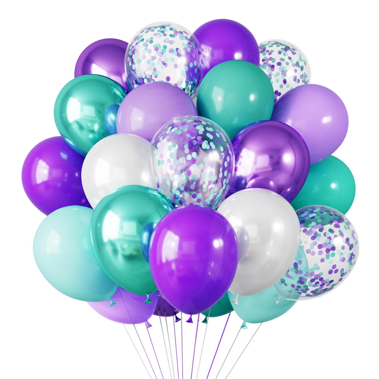RUBFAC 65pcs 12 Inches Teal Blue Purple Balloons, Little Mermaid Birthday Decorations, Metallic Green Purple Latex Balloons for Girls Party Baby Shower