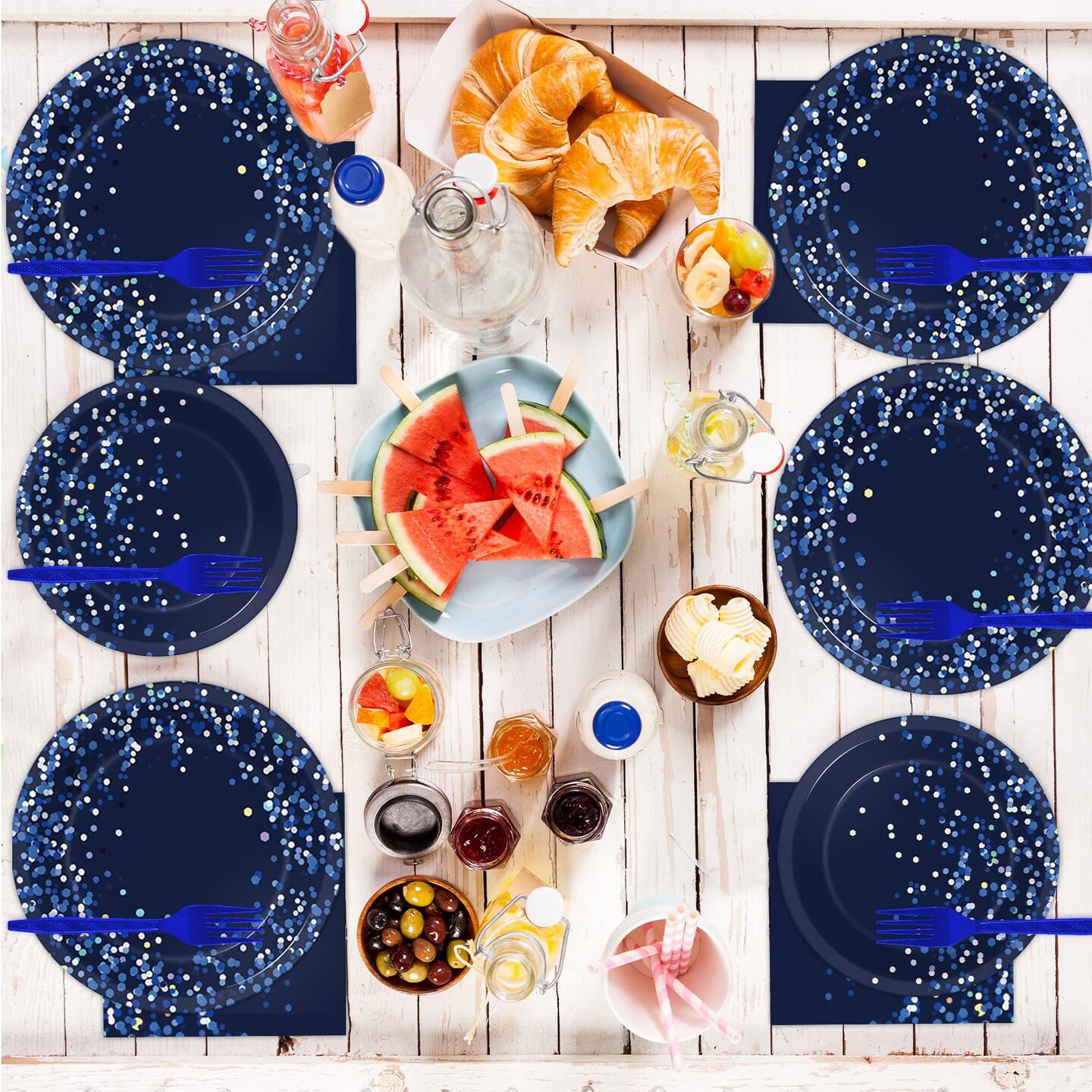 96 Pcs Blue and Silver Party Supplies Dot Confetti Paper Plates Sparkly Glitter Theme Party Decoration Confetti Party Tableware Set Bridal Shower Birthday Party Paper Plate Napkin Fork 24 Guests