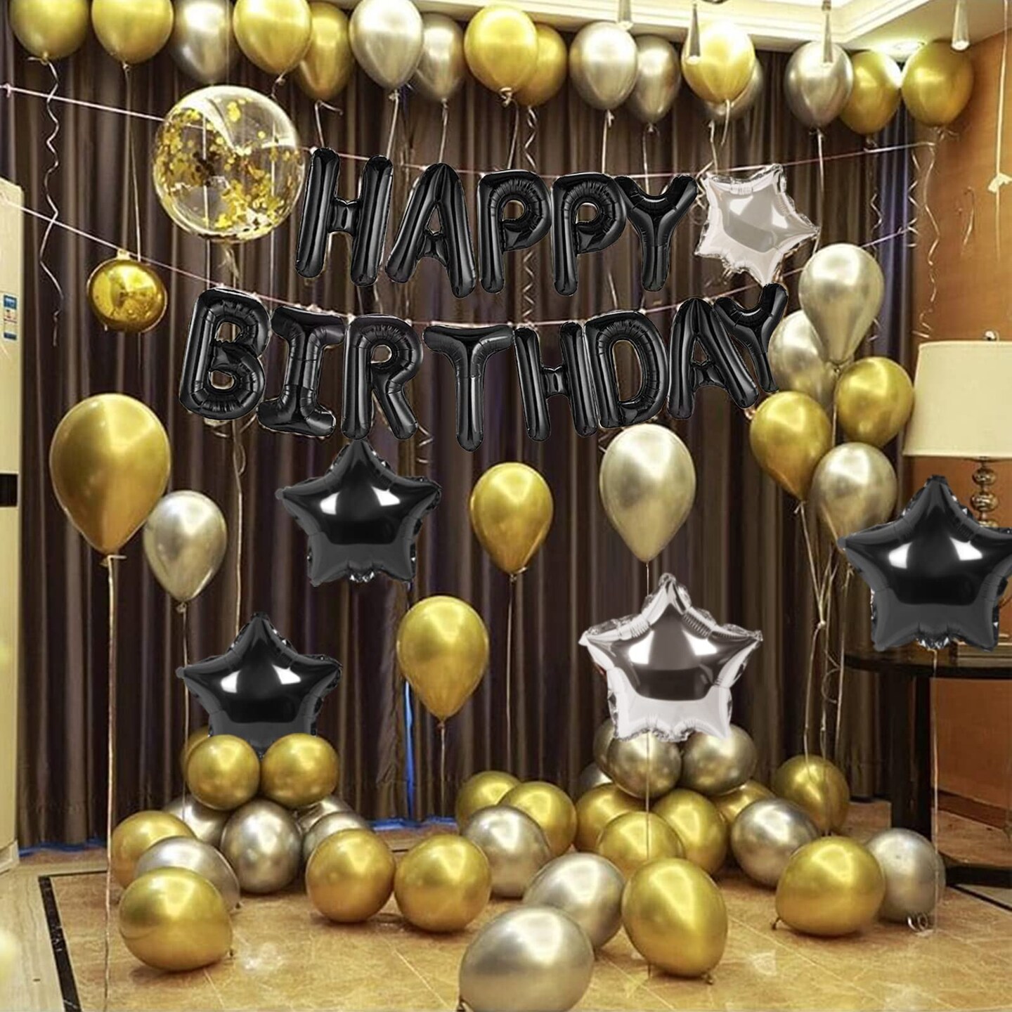 Happy Birthday Banner 13pcs 16 Inch Mylar Foil Letters with 12pcs Star Balloons Birthday Party Decorations for Kids and Adults - 3D Black