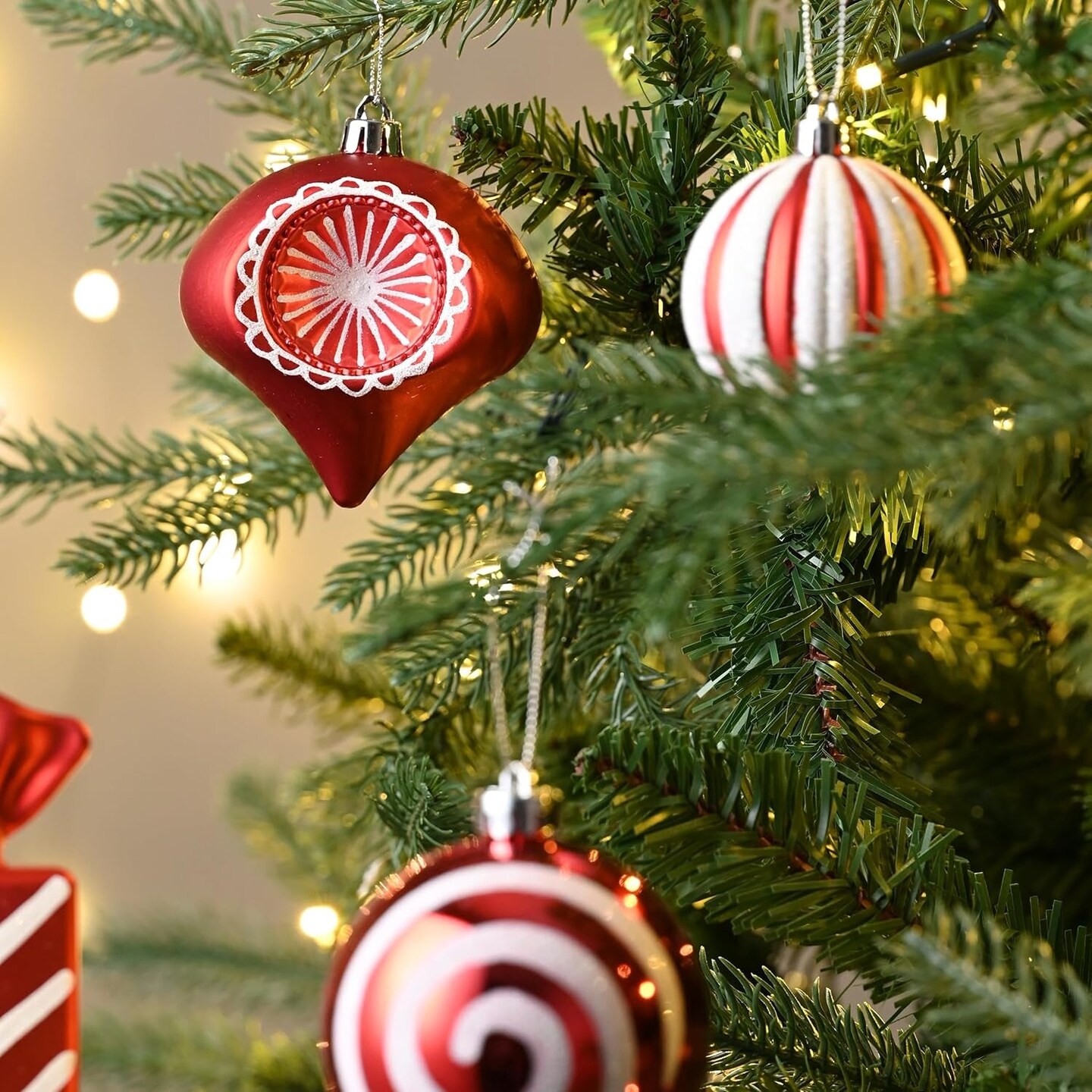 Christmas Ornaments Set, 108Ct Candy Cane Red and White Shatterproof Christmas Tree Decorations Ball Ornaments Bulk, Decorative Hanging Ornaments for Xmas Trees Holiday Party Decor
