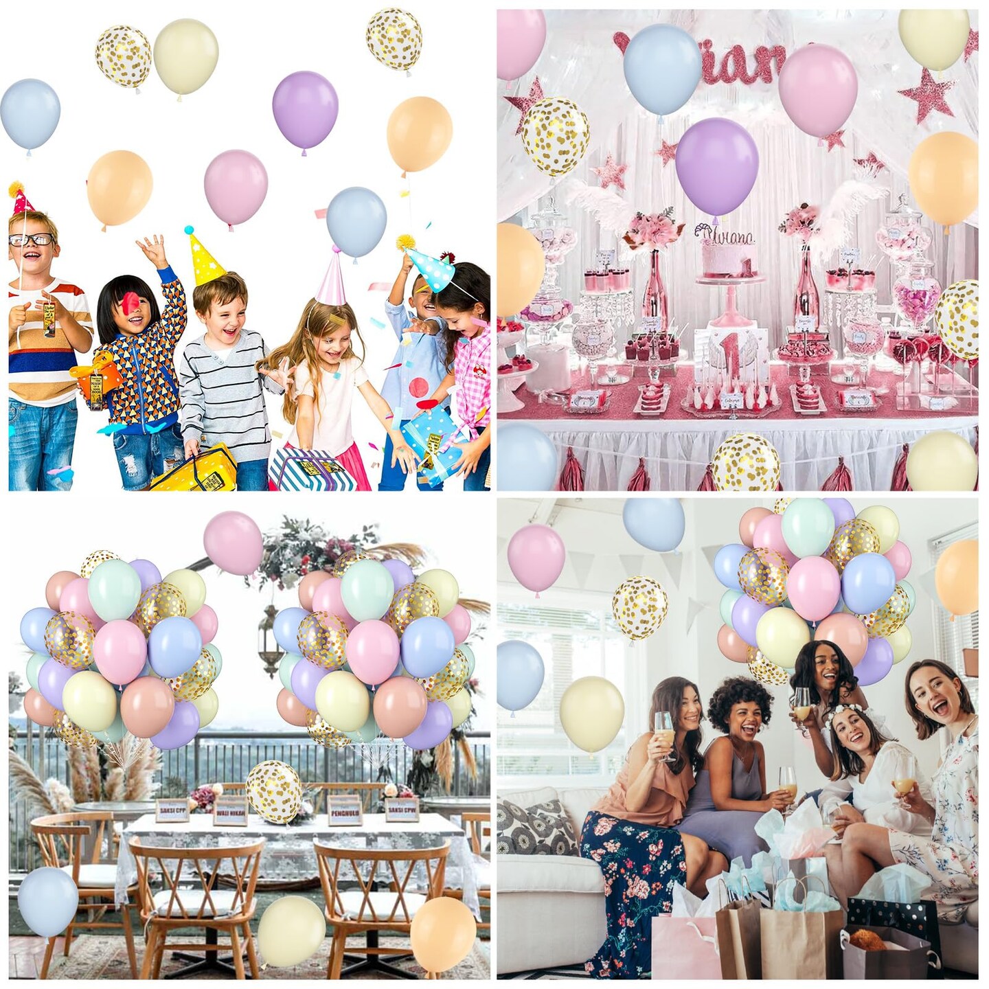 Pastel Balloons, 60 PCS Pastel Latex Balloons, 12 Inch Macaron Pink Blue Purple Green Yellow Orange Color Balloon Gold Confetti for Birthday Baby Shower Wedding Rainbow Pastel Party Decorations