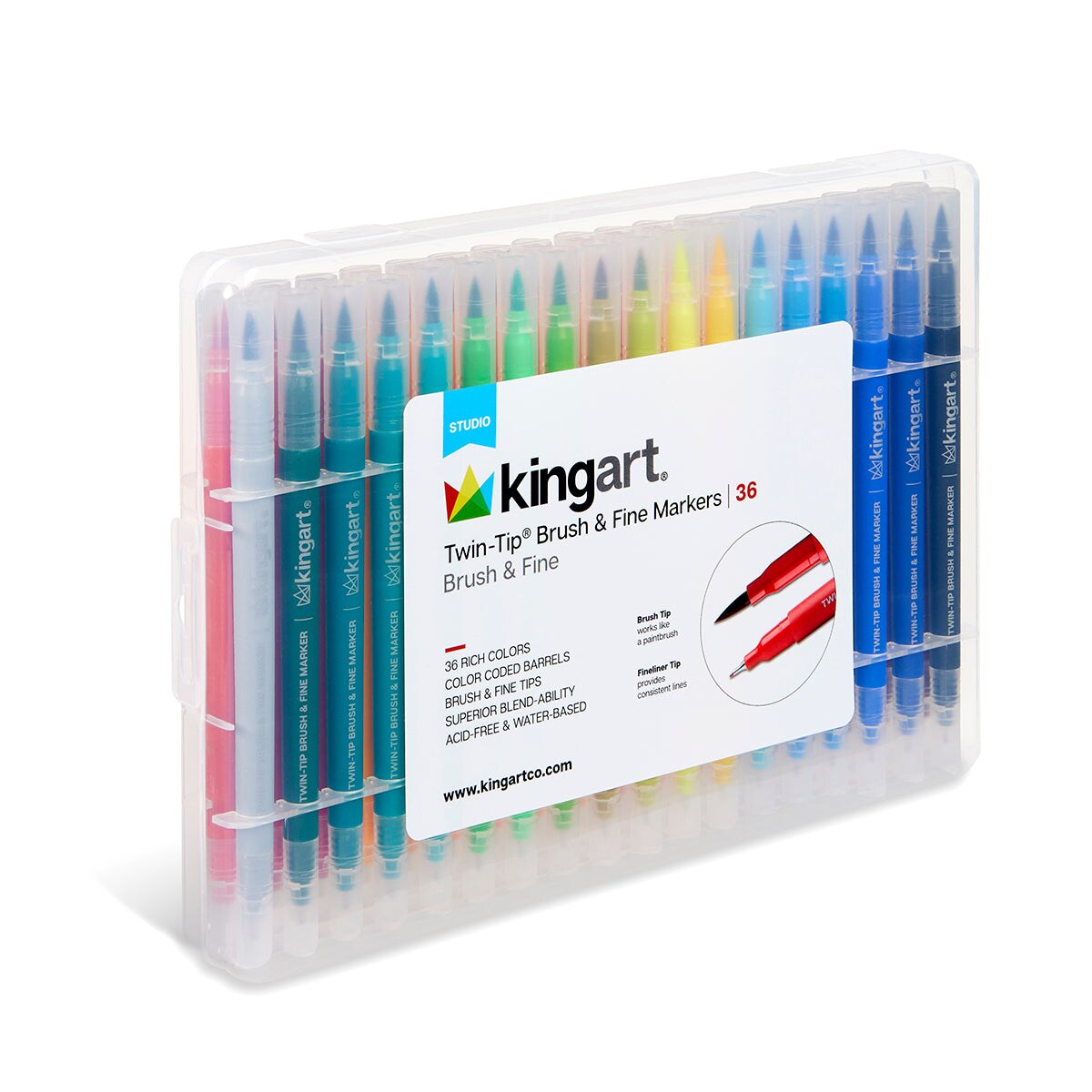 KINGART® Twin-Tip™ Brush & Ultra Fine Markers, Carrying Case, Set of 36 Unique Bright Colors