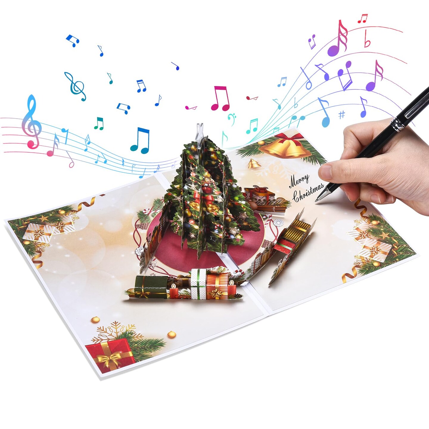 Venhoo Pop Up Christmas Cards with Light and Music, Christmas Tree Design, Handmade 3D Popup Musical Greeting Card for Christmas Holiday Includes Envelop, Playing-We Wish You a Merry Christmas