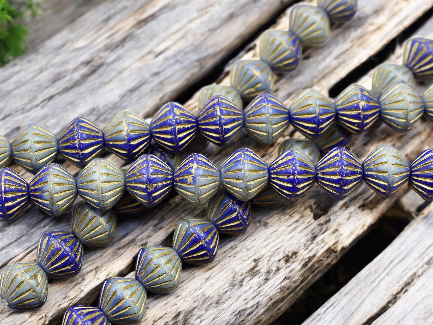 *12* 8x9mm Gold Washed Blended Turquoise &#x26; Blue Carved Bicone Beads