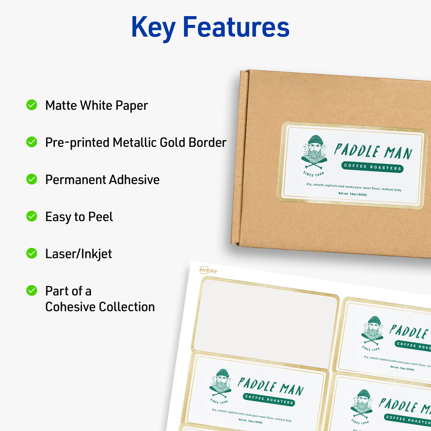 Avery Printable Rectangle Labels, 2" x 4" Shipping Labels, Matte White with Metallic Gold Border, Permanent Adhesive, Laser & Inkjet Compatible, 100 Blank Labels (6506)