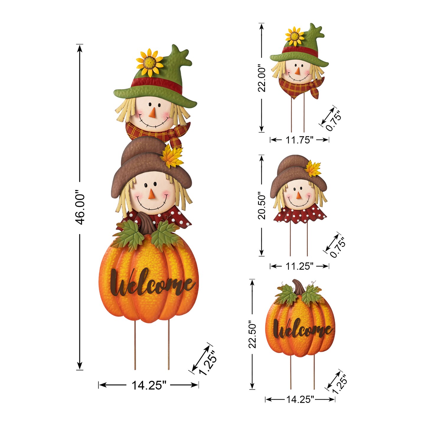 46&#x22;H Fall Metal Stacked Scarecrow and Pumpkin Yard Stake