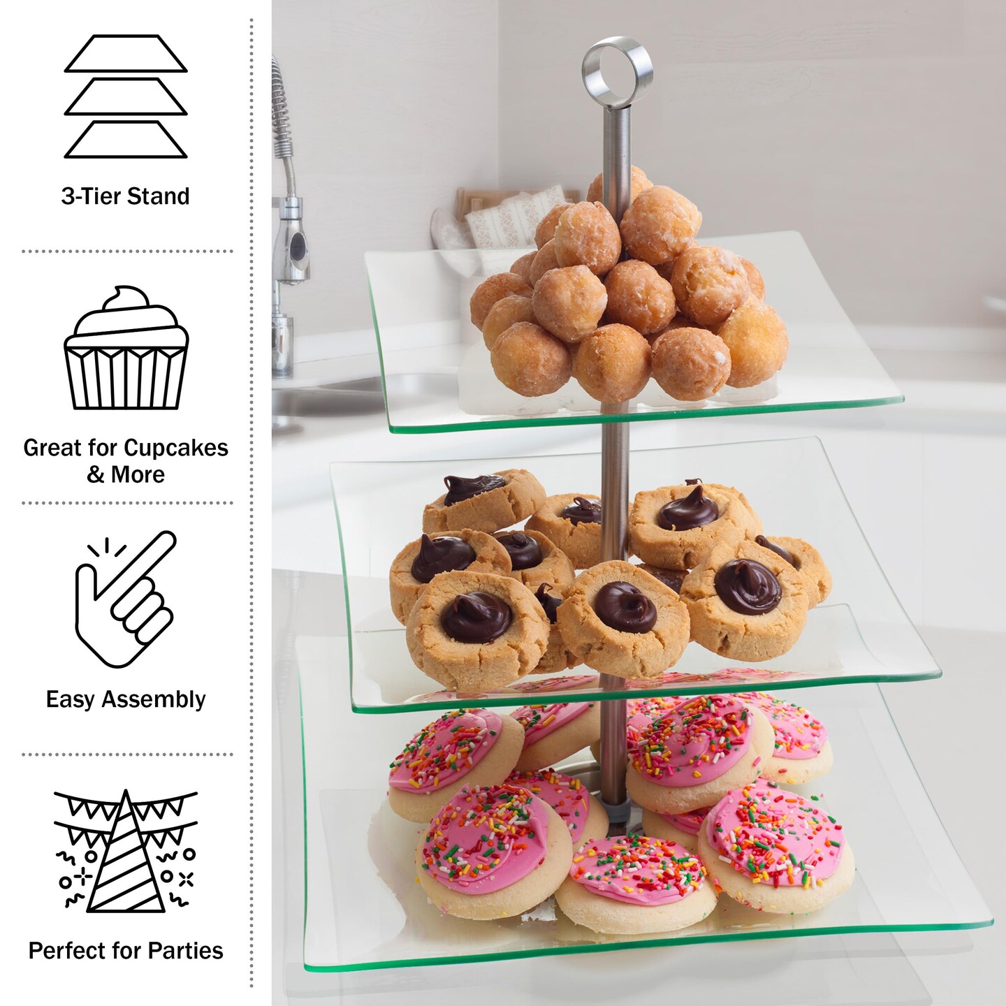 Three Tier Square Glass Buffet and Dessert Stand, 1 Pack, Clear