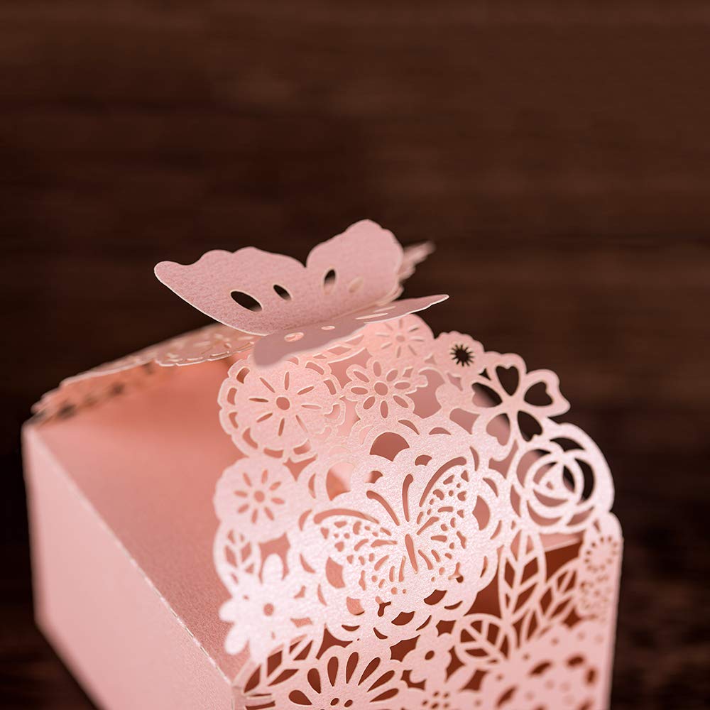 KAZIPA 50pcs Laser Cut Butterfly Favor Boxes, 2.6&#x22; x 2.6&#x22; x 1.6&#x22; Floral Favor Boxes, Party Favor Boxes for Bridal Shower Anniversary Wedding Party Favor, Pink