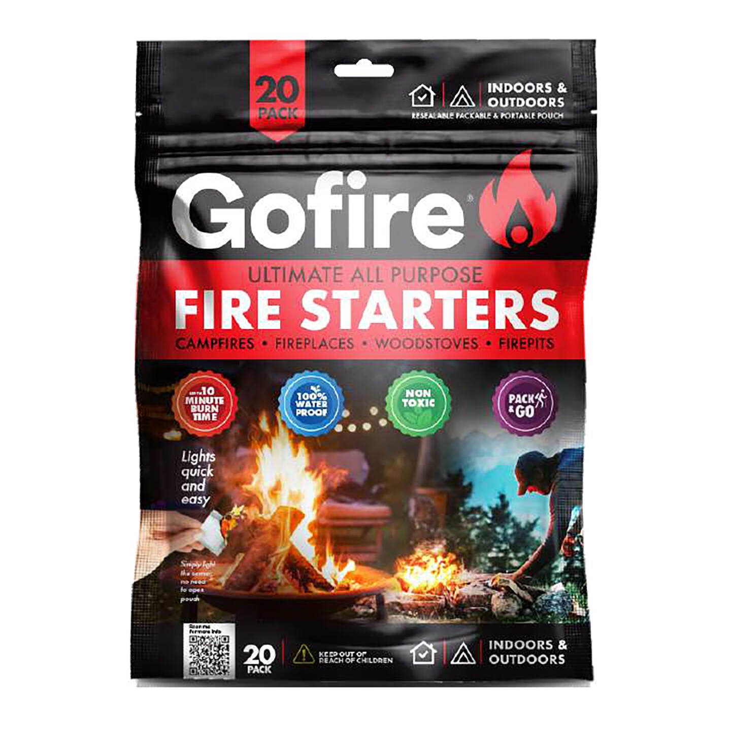 GoFire: Ultimate All Purpose Fire Starters - 20 Pack - Non-Toxic, Weather-Proof Indoor &#x26; Outdoor Use, Earth-Friendly, for Campfires, Fireplaces &#x26; More