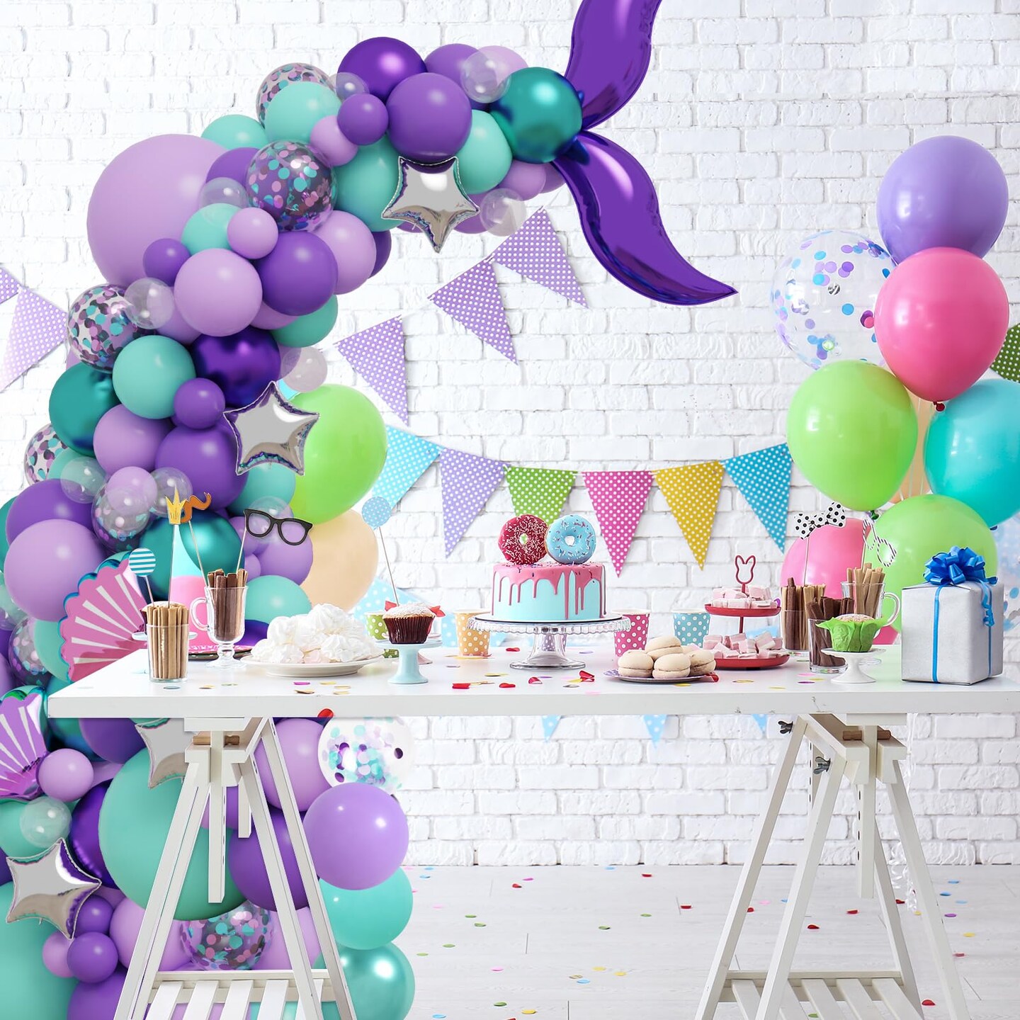 RUBFAC 65pcs 12 Inches Teal Blue Purple Balloons, Little Mermaid Birthday Decorations, Metallic Green Purple Latex Balloons for Girls Party Baby Shower
