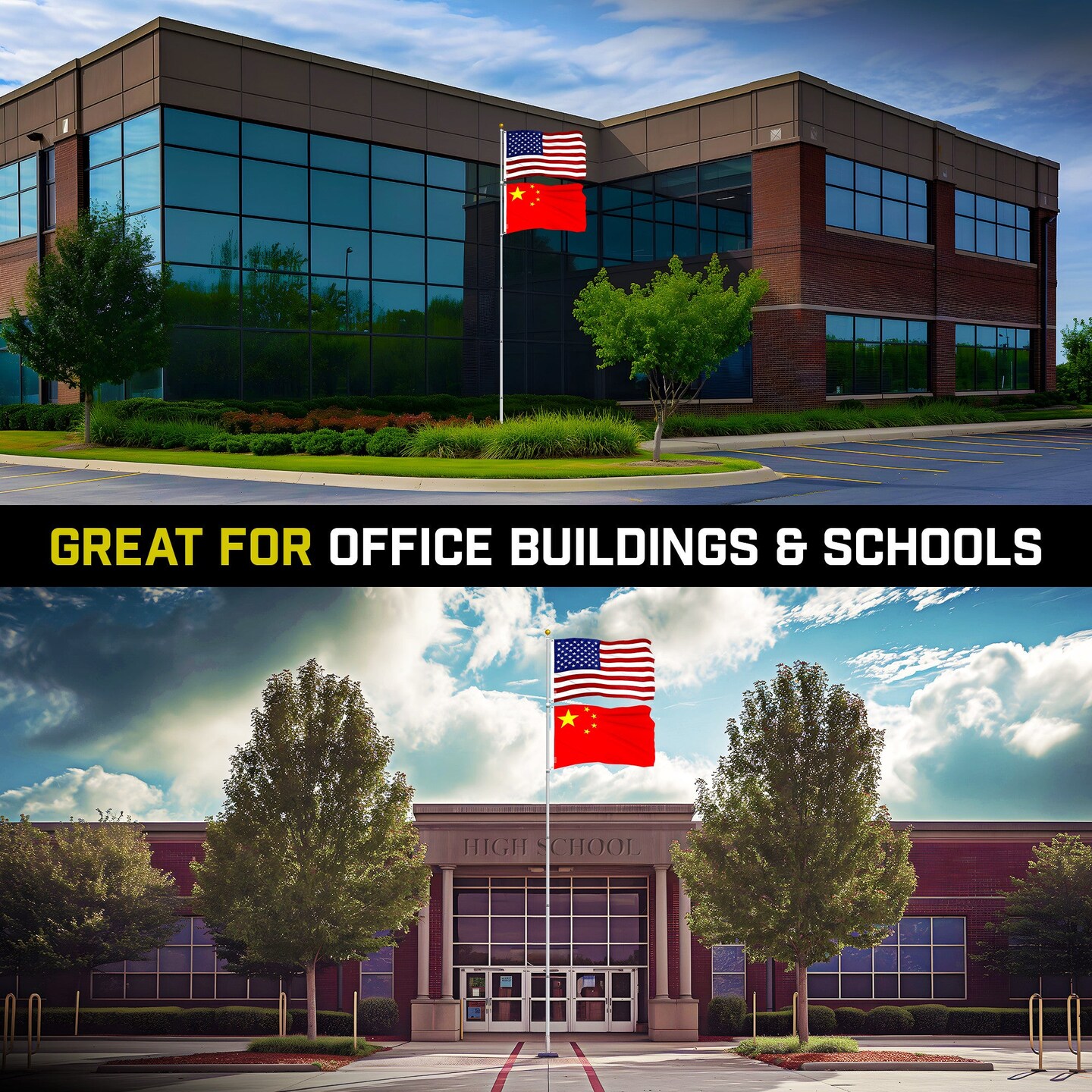 G128 Combo Pack: 25 Ft Telescoping Aluminum Flagpole (Silver) &#x26; American and China Flags 3x5 Ft, Both ToughWeave Series Embroidered Polyester | Pole with Flags Included
