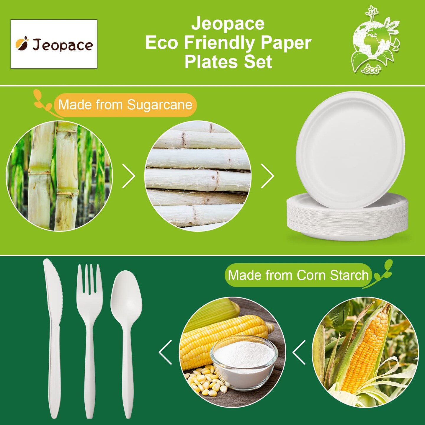 Jeopace Paper Plates Set 250PCS,Eco Paper Plates for Party,9 Inch and 7 Inch Sugarcane Bagasse Biodegradable Paper Plates,Cornstarch Forks,Knives and Spoons Plates Set for 50 People(White)