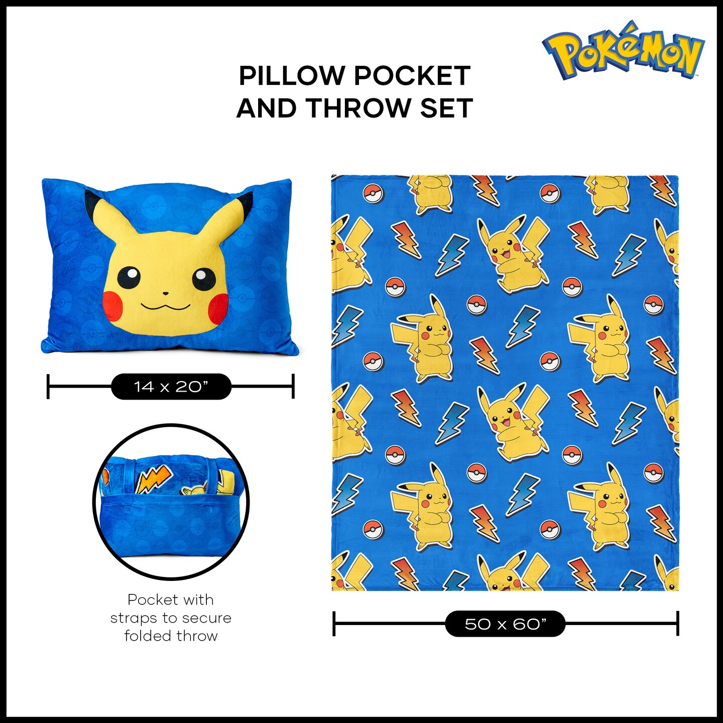 Pokemon Pika Pika Silk Touch Throw Blanket 50X60 inches with Plush Pocket Pillow 14X20 inches