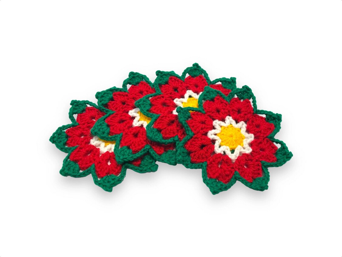POINSETTIA COASTER SET (4) - Crochet Poinsettia Ready to Ship - Set of Four Christmas Handmade Coasters - House Warm Gift - Mother's Da