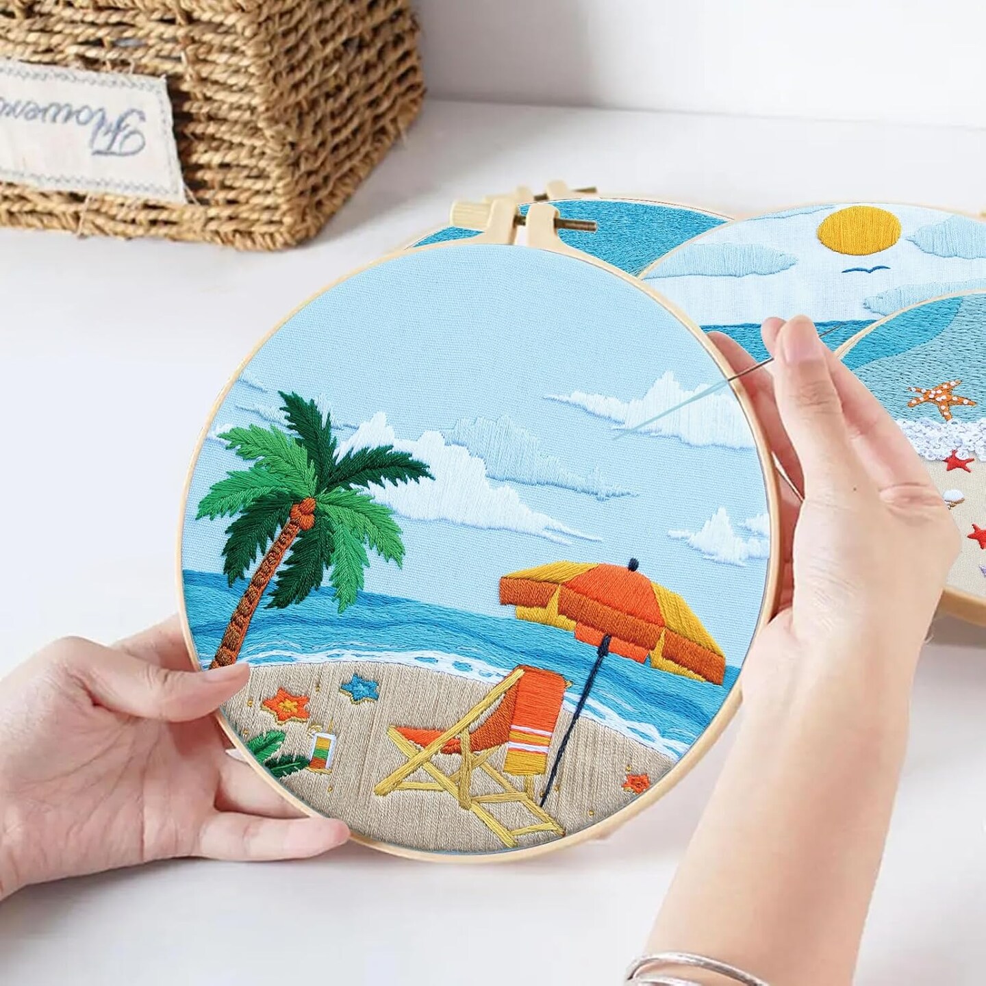 4 Set Ocean Embroidery Kit for Beginners Adults Embroidery Starter Kit Ocean Beach Patterns Hand Crewel Embroidery Kit Cross Stitch Kits