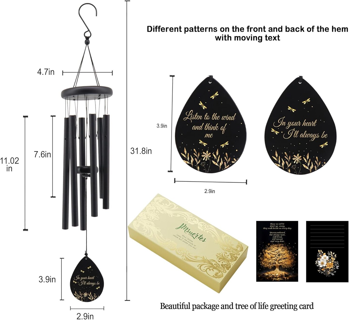 Memorial Sympathy Wind Chimes for Outside, Dragonfly Wind Chimes for Loss of Loved One Mother Father for Bereavement/Condolence/Funerary Gift Idea,32inch Wooden,Black