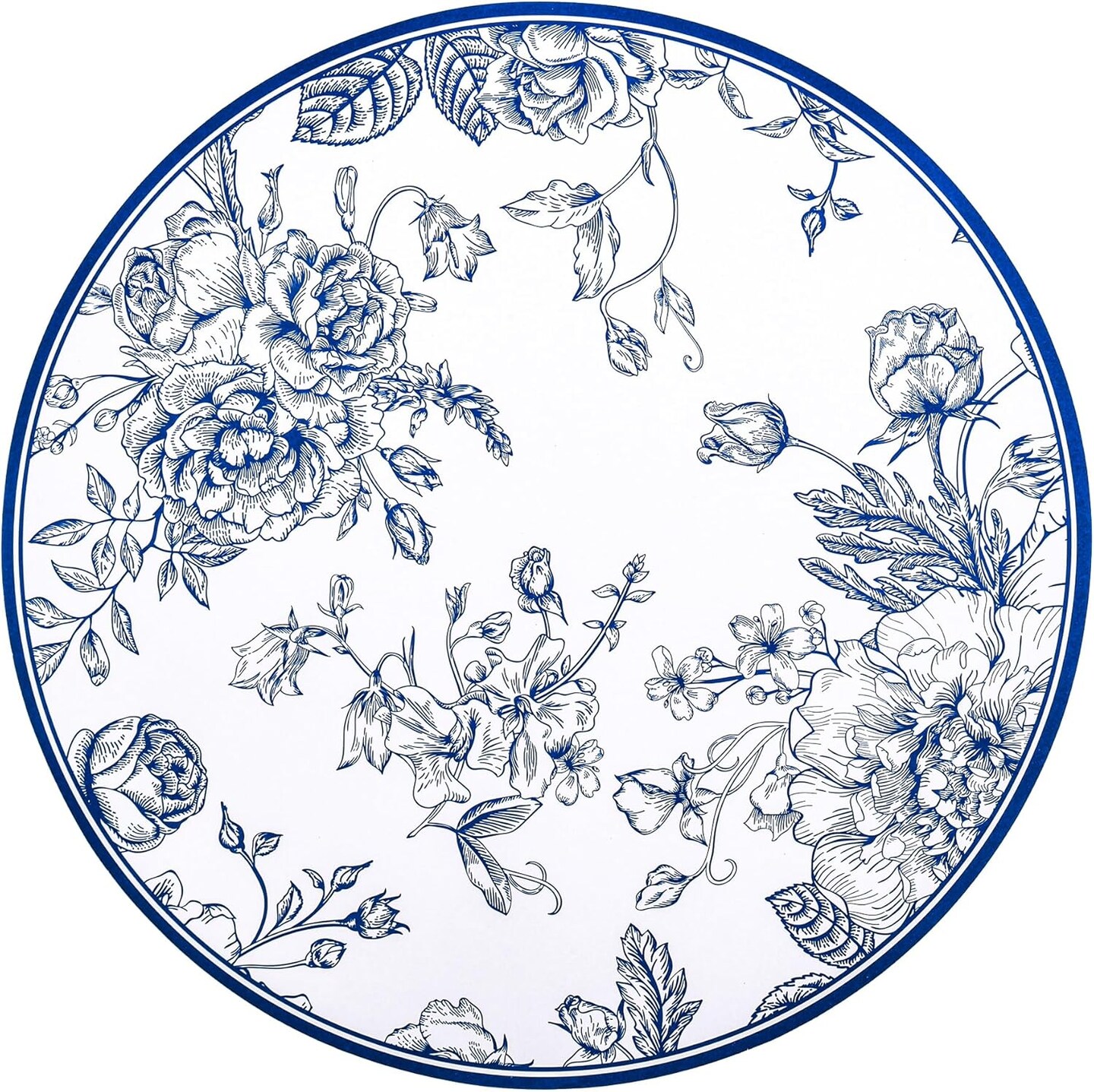 50Pcs Blue Floral Paper Placemats Chinoiserie Round Disposable Place Mats Blue Flower Banquet 13 Inch Paper Cutouts for Hanukkah Table Setting Wedding Birthday Party Supplies (Blue)