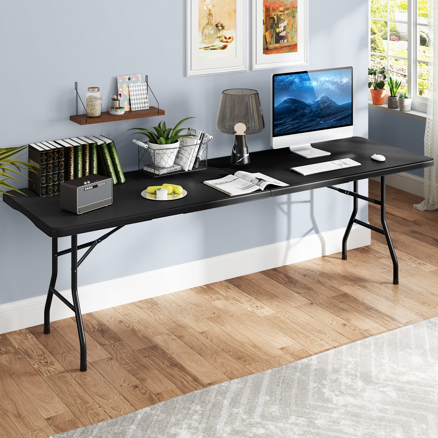 8 Feet Patio Portable Fold-in-Half Table with Robust Metal Legs and Joint Safety Lock