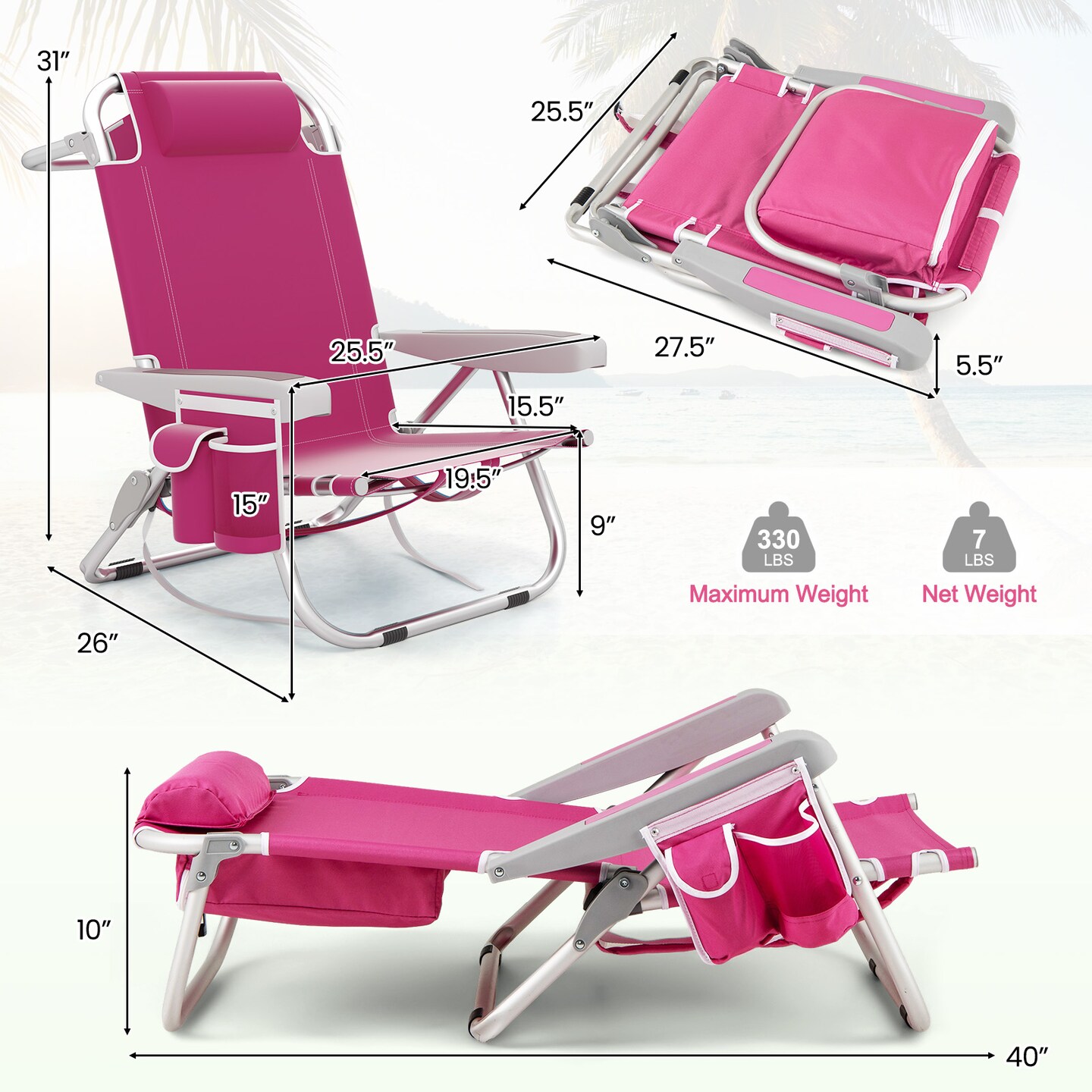 Aluminum Reclining Beach Chairs with Storage Set of 2