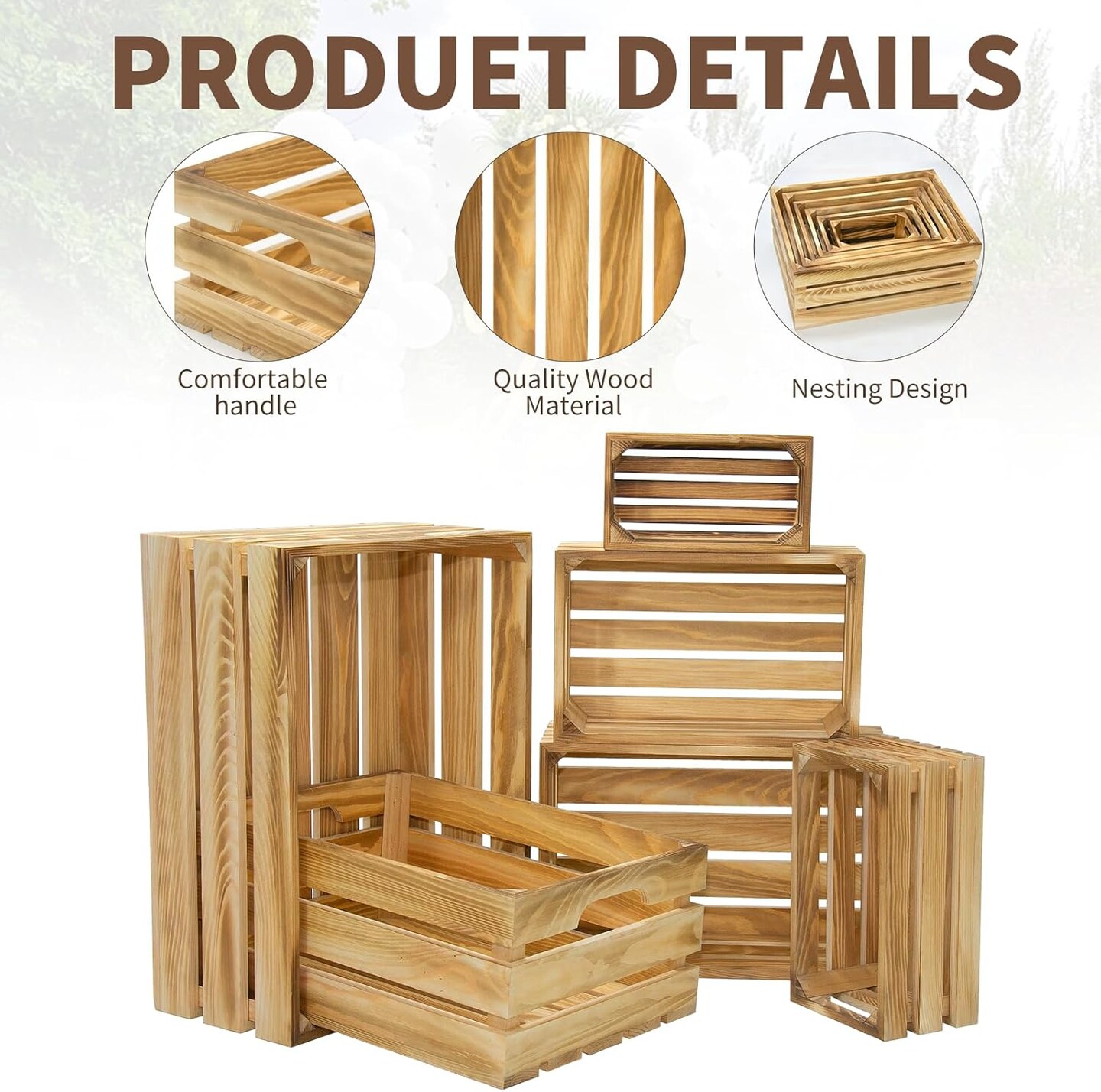 6 Pcs Decorative Wood Crates for Display, 6 Size Large Farmhouse Wooden Basket for Storage Container and Decorations, Rustic Nesting Crates Decor Boxes with Handle