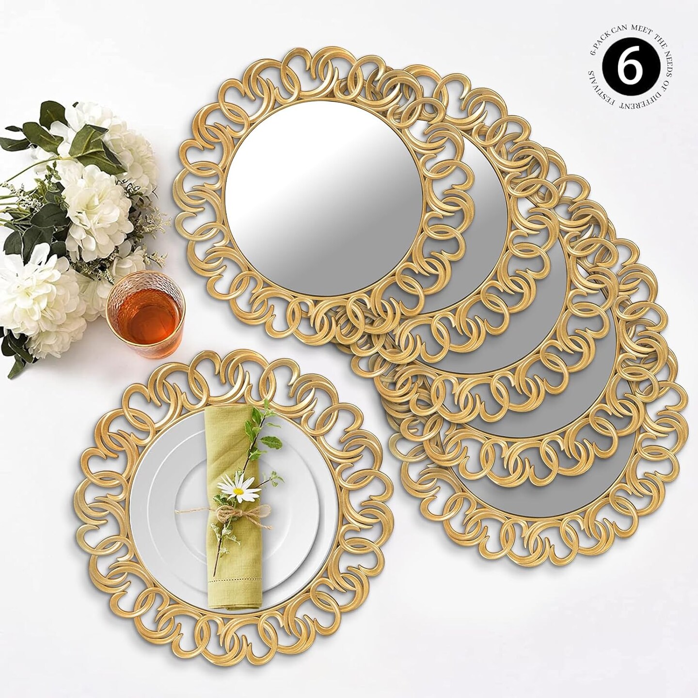 Gold Dinner Plates Set of 6, Mirror Chargers With Entwined Swirl Rim, Round Chargers for Table Setting, Wedding