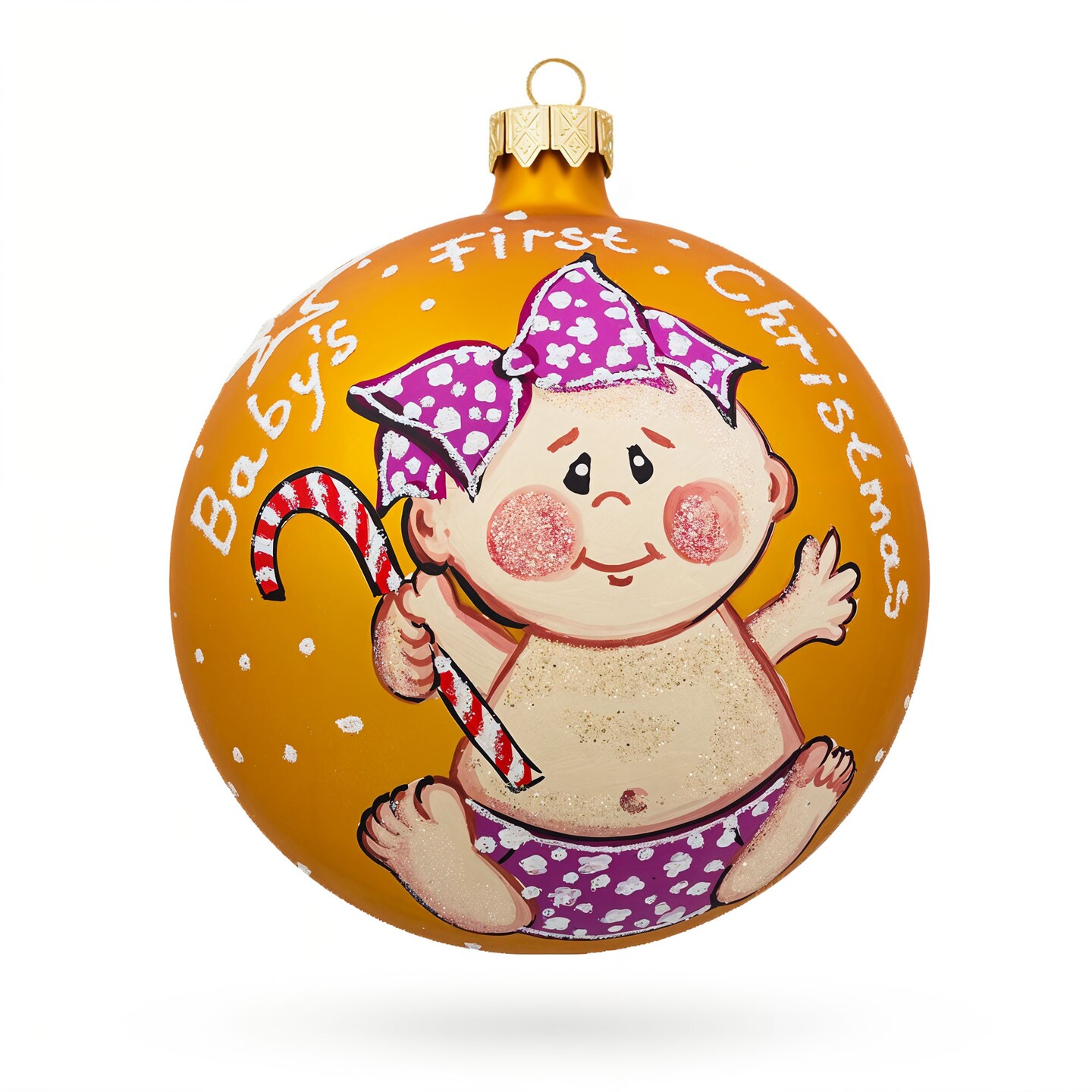 Girl with Candy Cane Blown Glass Ball Baby&#x27;s First Christmas Ornament 4 Inches