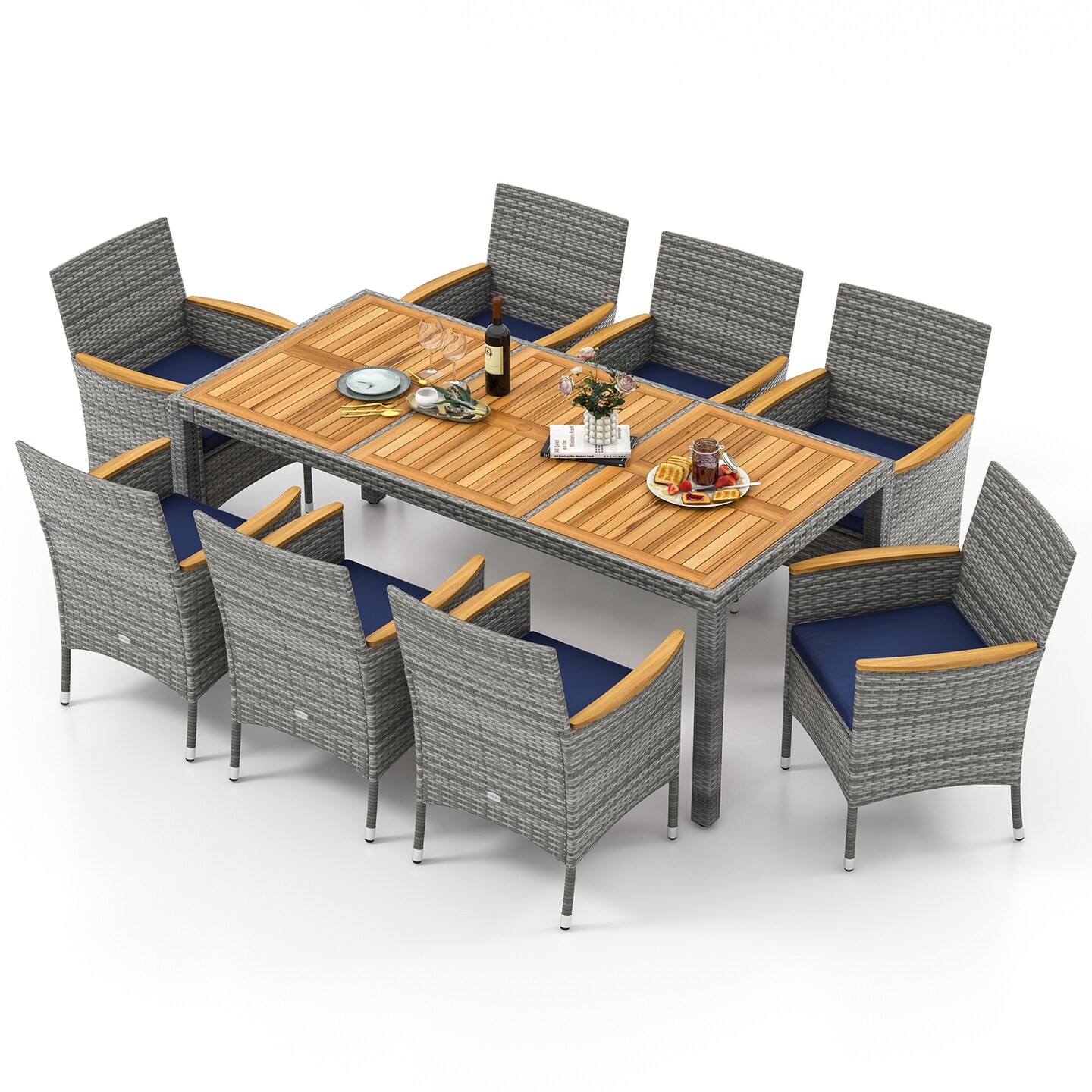 9 Pieces Patio Wicker Dining Set Including Ergonomic Armchairs with Cushions and Metal Frame