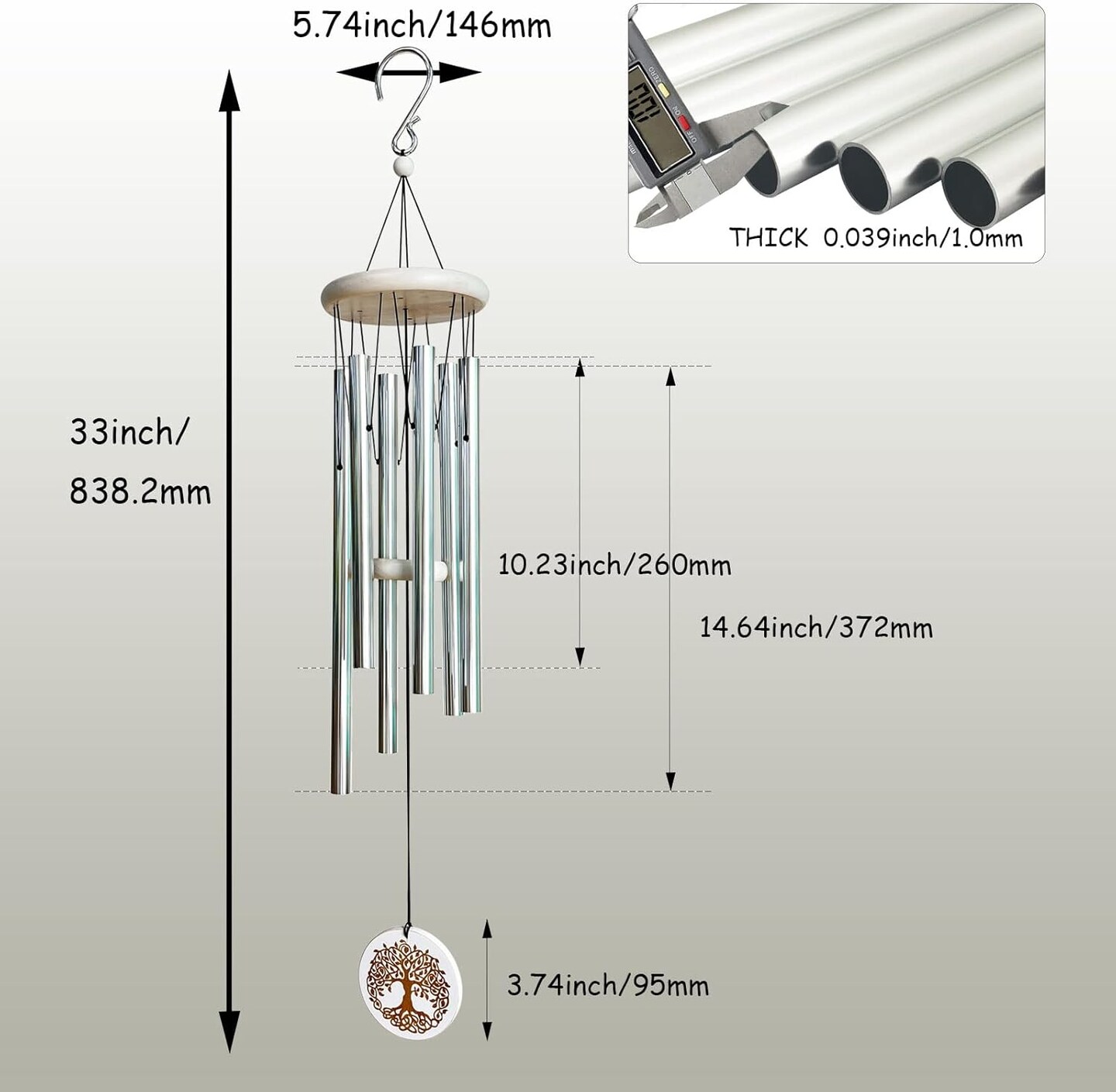 Wind Chimes Outdoors,33&#x22; WindChimes for Loss of Loved One,Memorial/Sympathy Gifts for Mother/Unisex/Father,Tree of Life Wind Chimes for Outside Zen Garden Home Yard Decoration (Silver)
