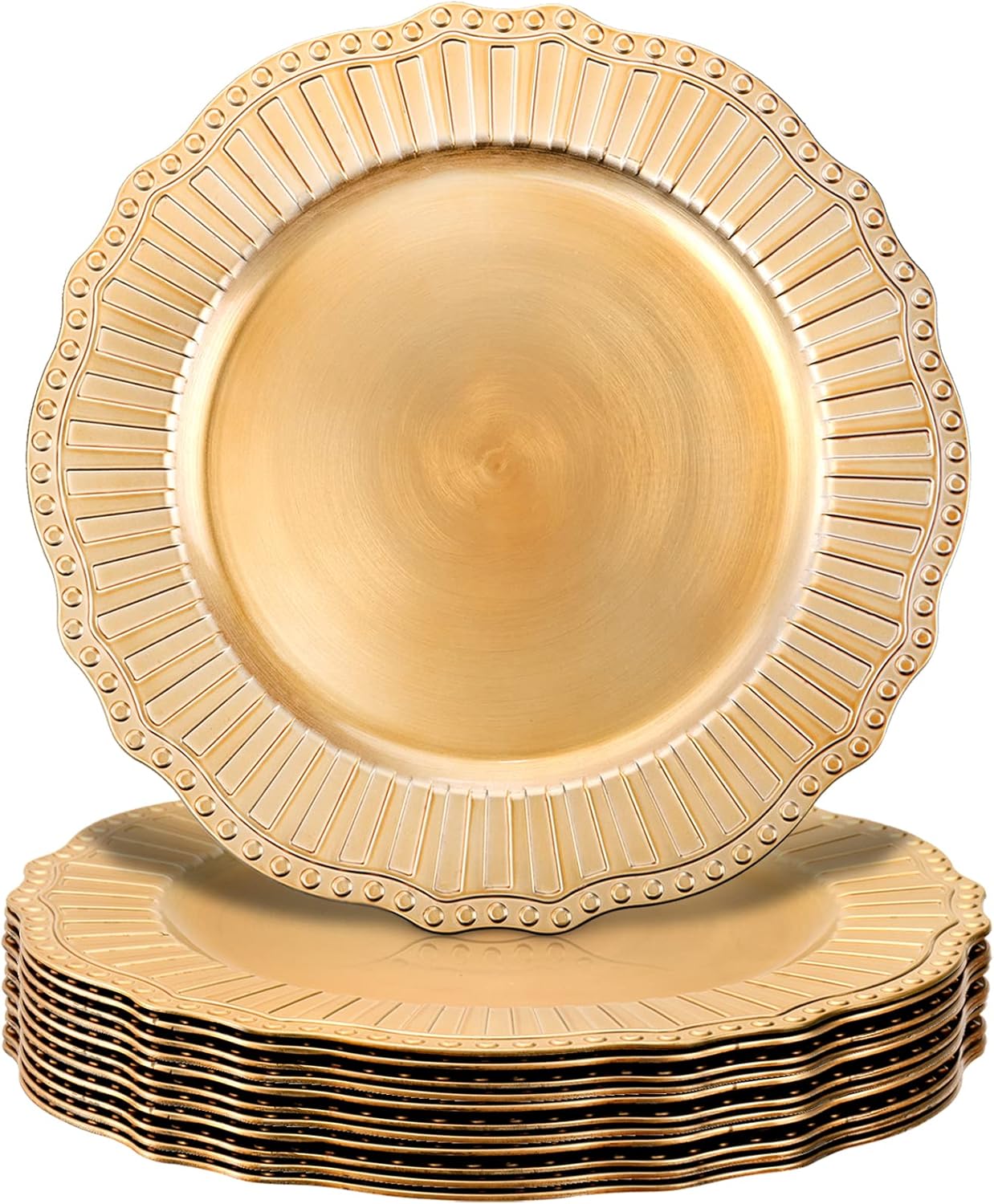 12 Pack Charger Plates, 13Inch Gold Dinner Under Plates, Plastic Round Charger Service Base Plates, Reusable Beaded Server Ware Serving Trays for Wedding, Christmas Dinner Table